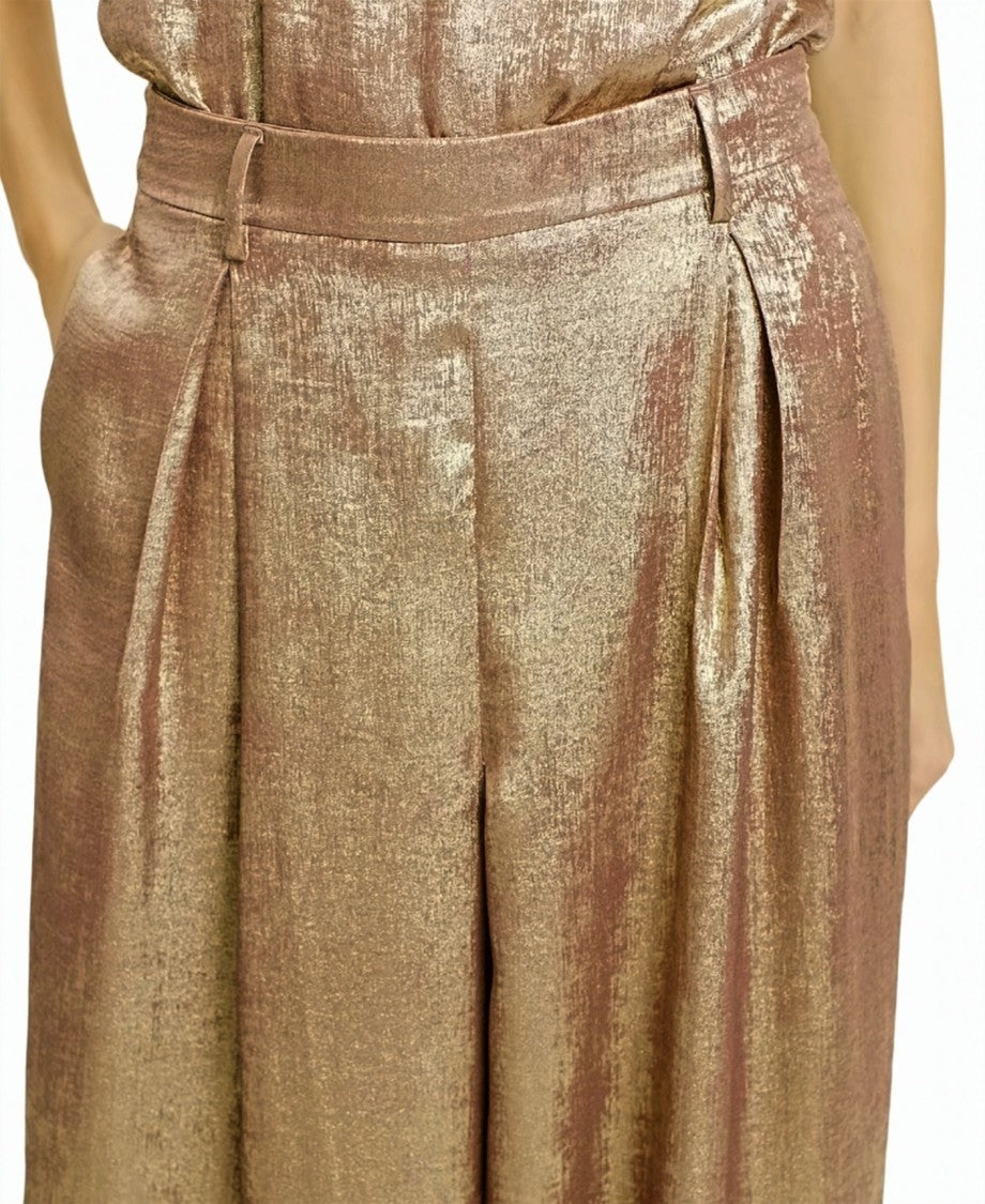 Momonì Laminated Pleated Side-Zip Wide-Leg Pants