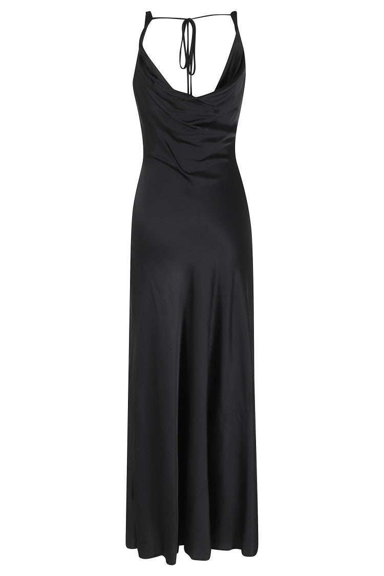 Meimei J. Black Draped Satin Drawstring Viscose Midi Dress