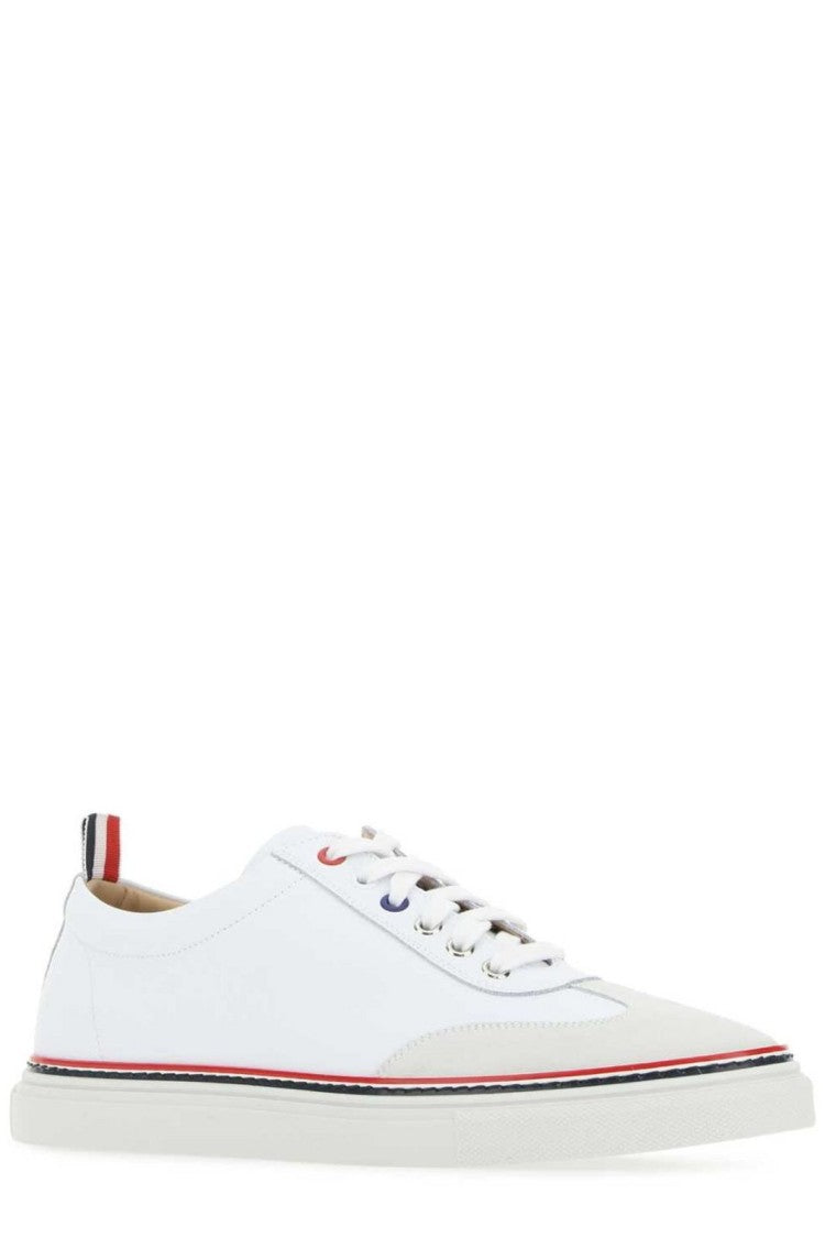Thom Browne Low-Top White Leather Sneakers With Suede Accents And Signature Detailing