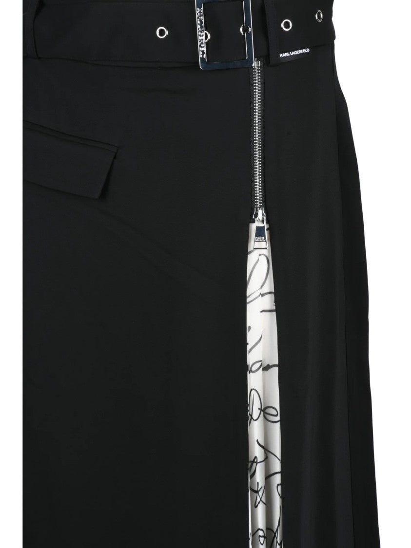 Karl Lagerfeld Black Viscose-Blend Zip Flared Midi Skirt