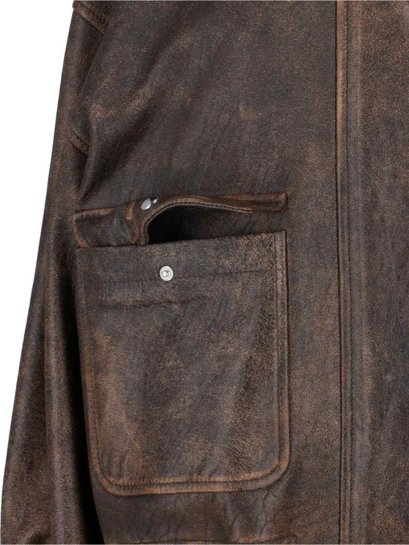 Khaite Distressed Brown Leather Jacket With Shearling Collar