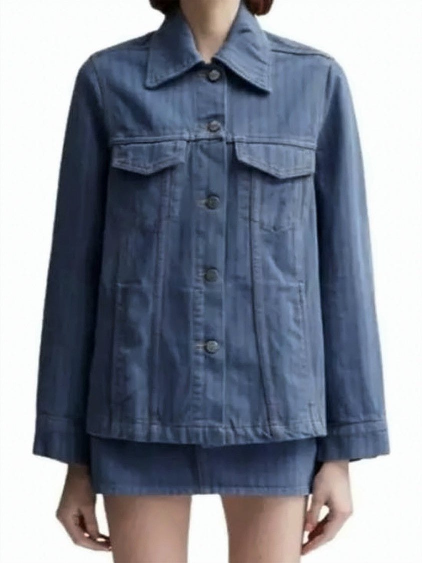 Ganni Structured Denim Jacket With Pointed Collar And Buttoned Cuffs