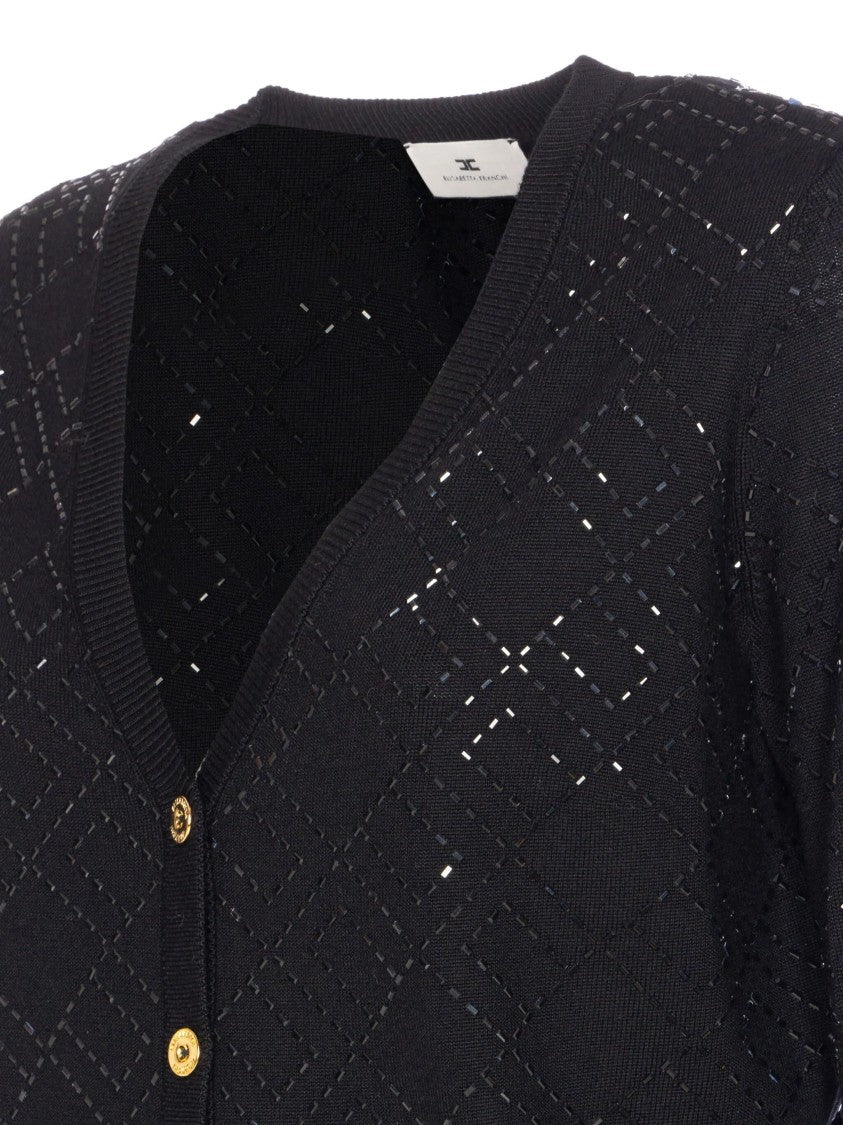 Elisabetta Franchi Diamond-Pattern Black V-Neck Knit Cardigan