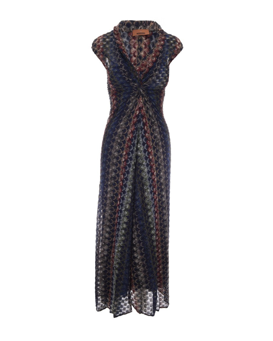 Missoni Fitted Multicolored Zigzag Pattern V-Neck Knit Midi Dress