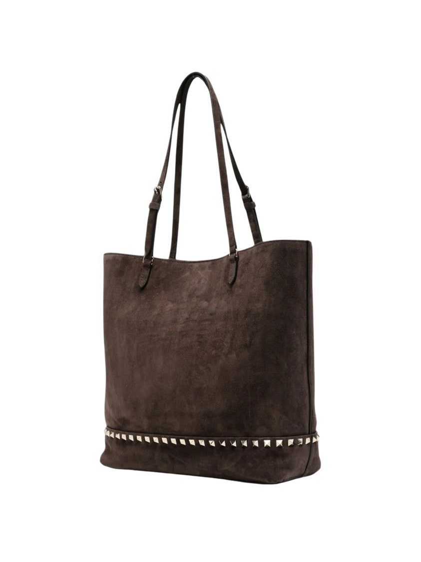 Valentino Dark Brown Rockstud Medium Calf Suede Tote Bag