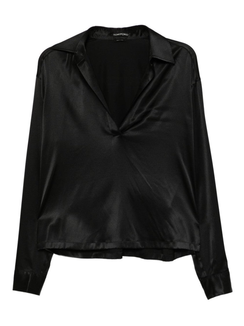 Tom Ford Black Polo Collar V-Neck Top