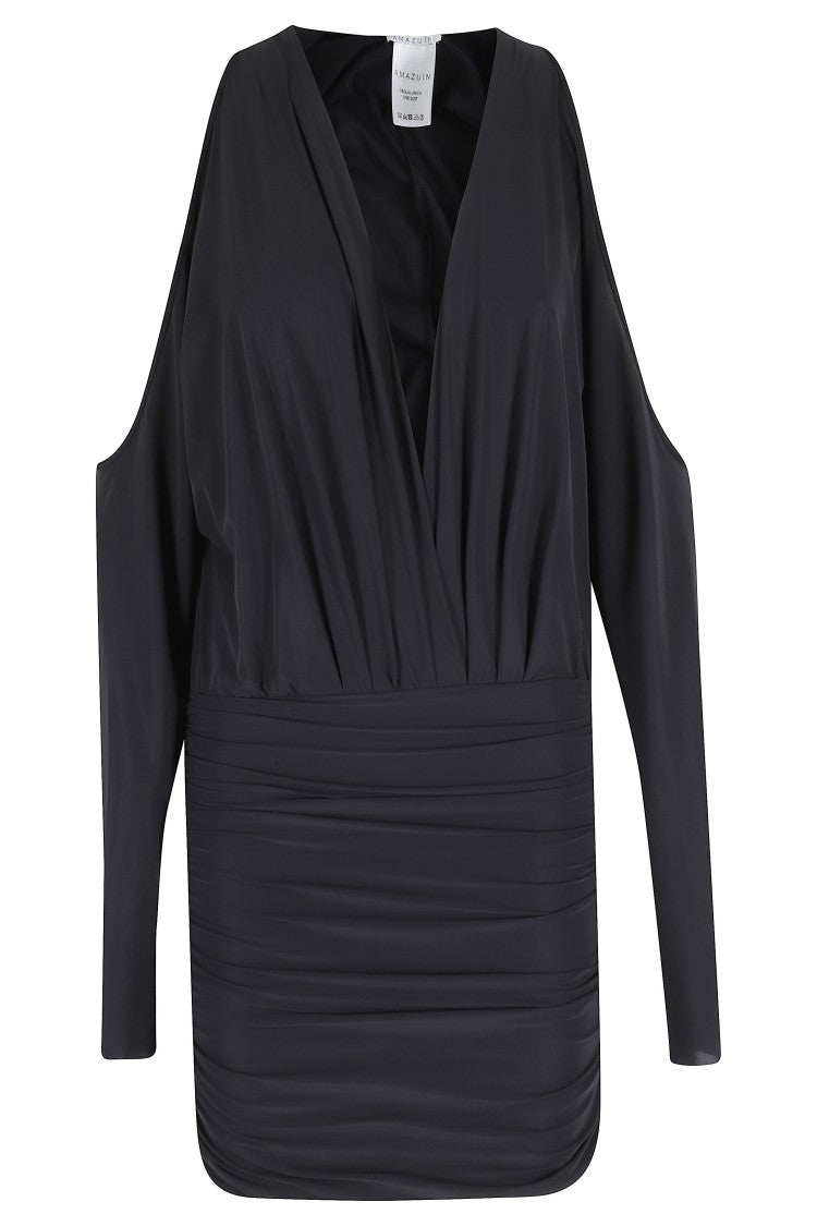 Amazuin Black Olivia Gathered Cut-Out Polyamide-Blend Mini Dress
