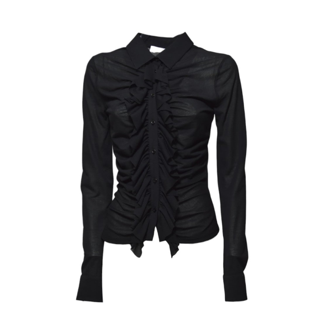 Msgm Fitted Black Shirt With Ruffled Details And Sheer Panel