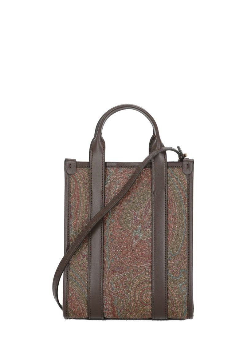 Etro Brown Paisley Print Leather-Trim Top-Handle Bag
