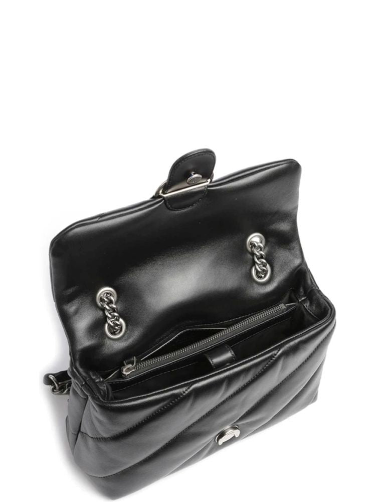 Pinko Quilted Cow Leather Crossbody Bag With Silver Clasp And Chain Strap
