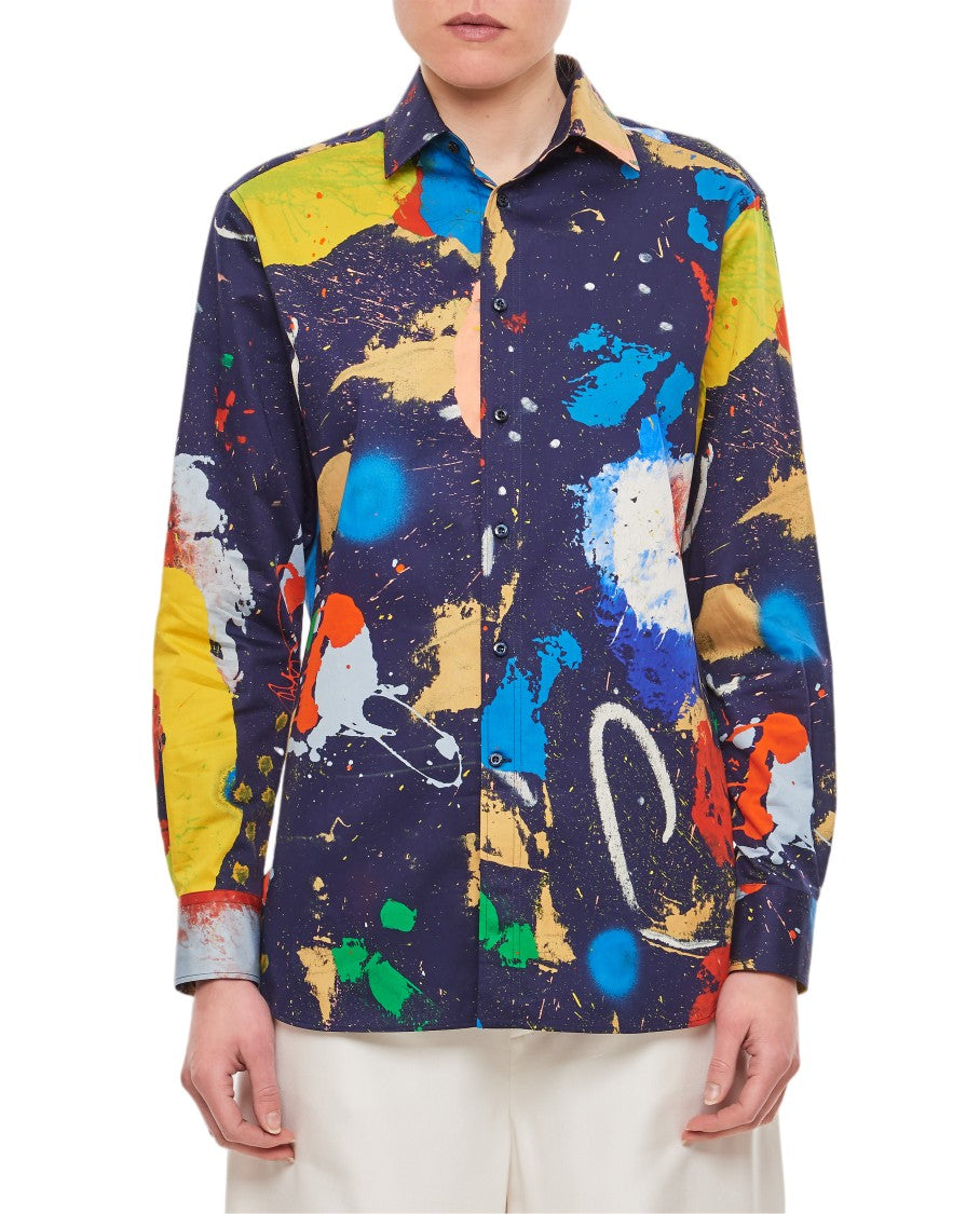 Ralph Lauren Collection Mock Neck Cotton Shirt With Abstract Print And Button Closure
