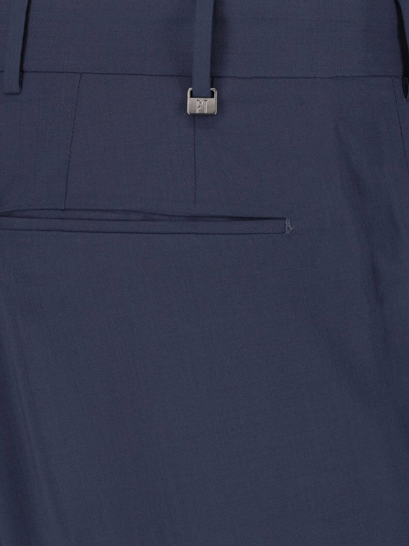Pt Torino Blue Mid-Rise Straight-Leg Virgin Wool Trousers
