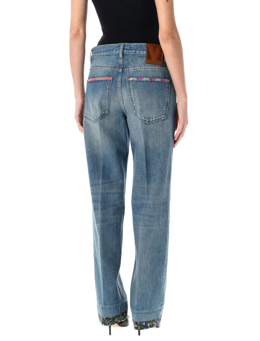 Valentino Garavani Straight-Cut Denim Pants With Floral Border Accents