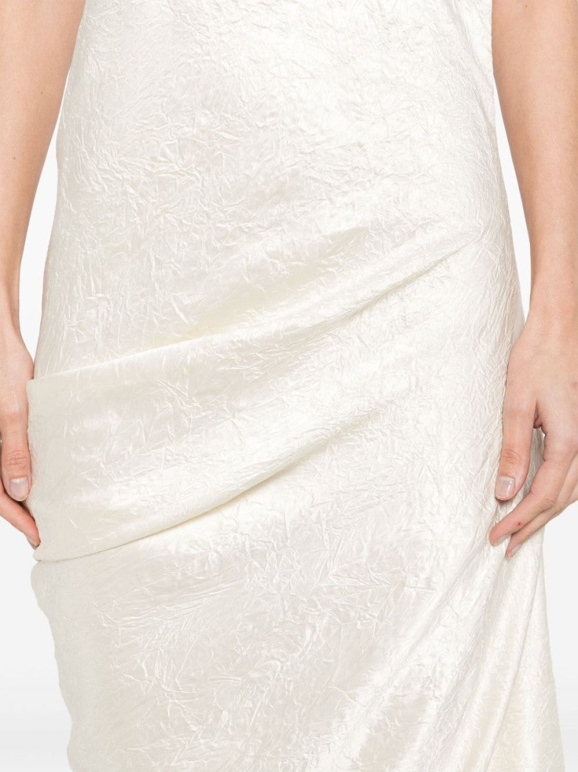 Alexander Mcqueen Asymmetric Draped Midi Dress In Oyster White Satin