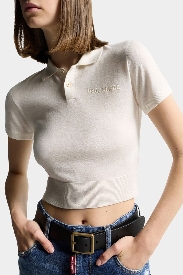 Dsquared2 White Viscose-Wool Cropped Polo Sweater