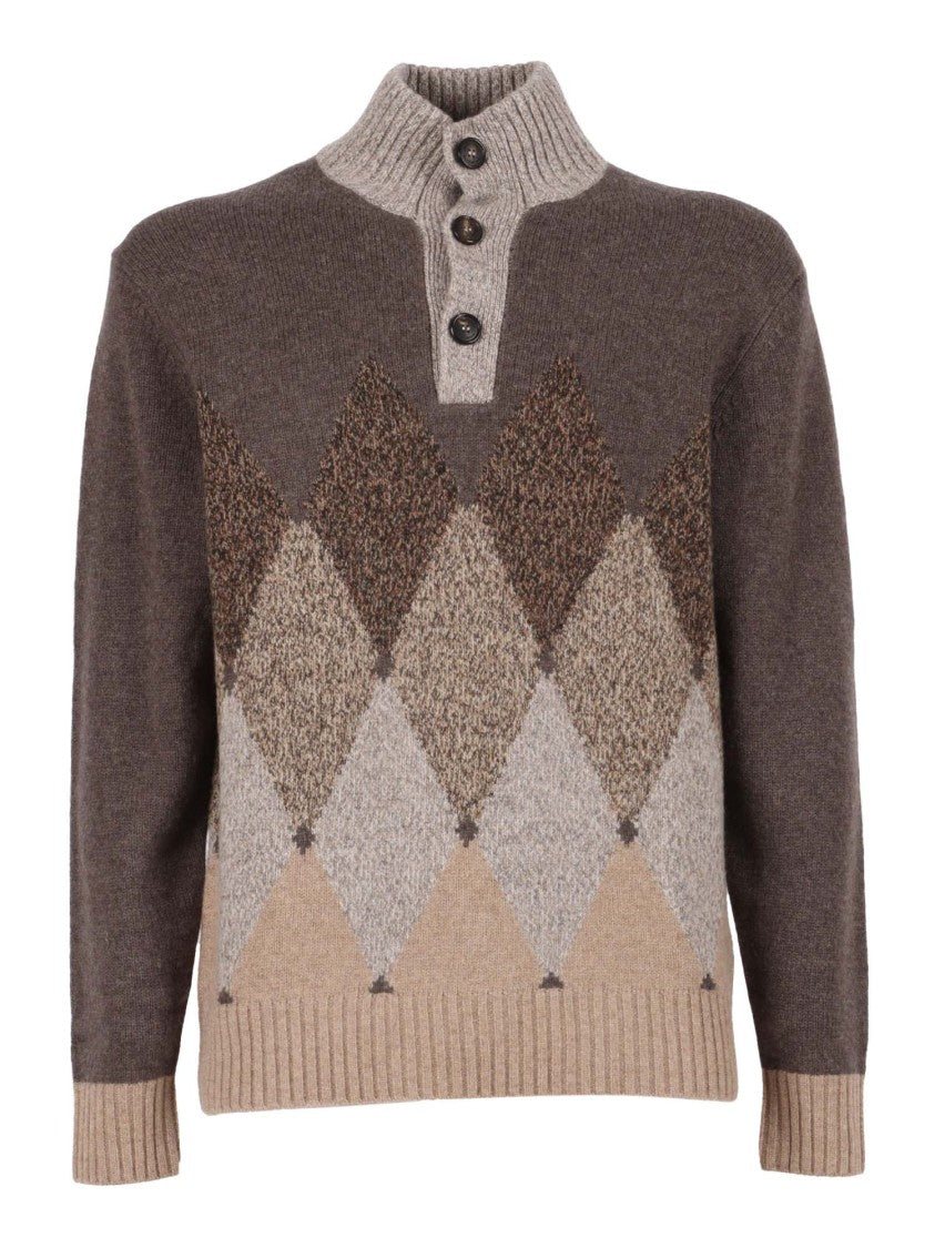Ballantyne Argyle Pattern Wool Sweater With Buttoned Turtleneck