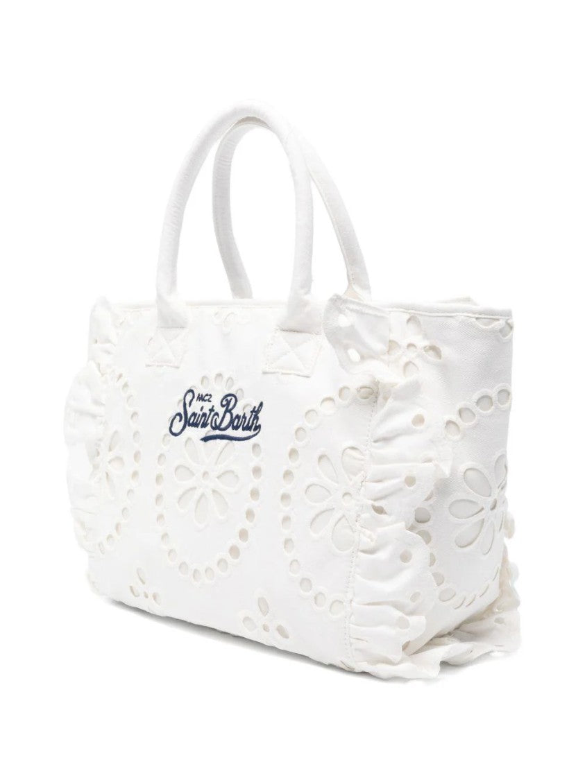 Mc2 Saint Barth White Floral Eyelet Embroidered Tote Bag