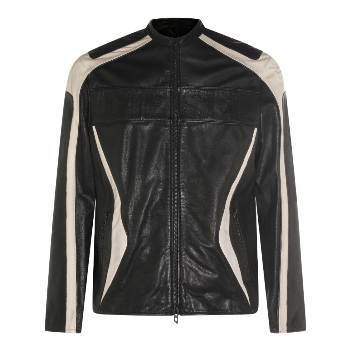 Diesel Sporty Black Leather Jacket With Contrasting Panels