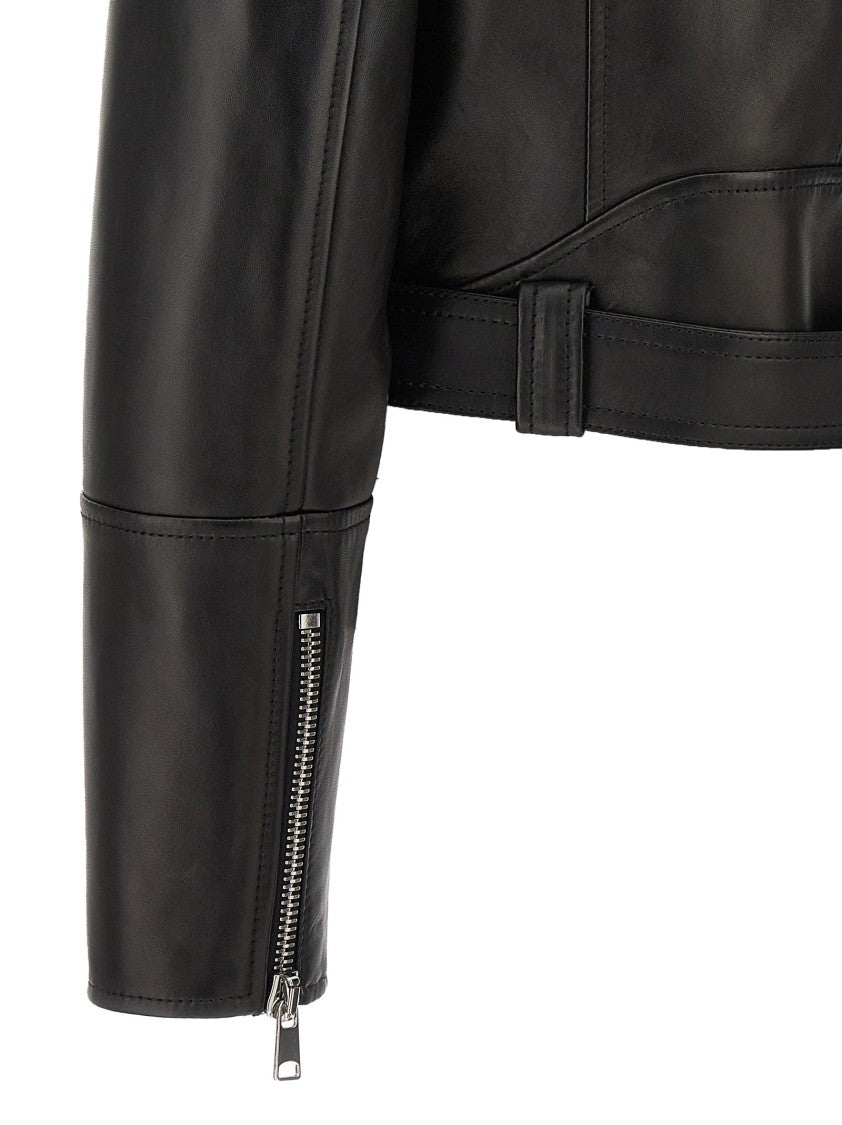 Mcqueen Cropped Leather Jacket With Off-Center Zip Closure