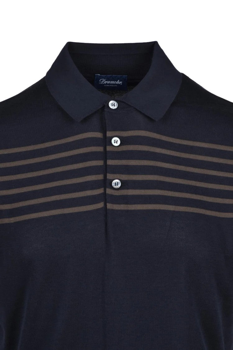 Drumohr Cotton Knit Polo Shirt - Blue/Brown