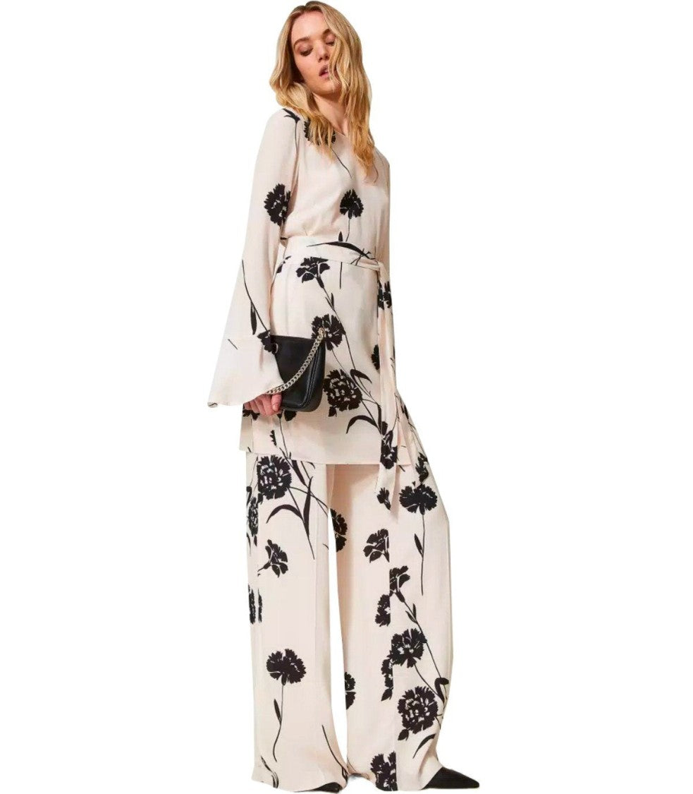 Twin-Set Cream Floral Wide Leg Pants