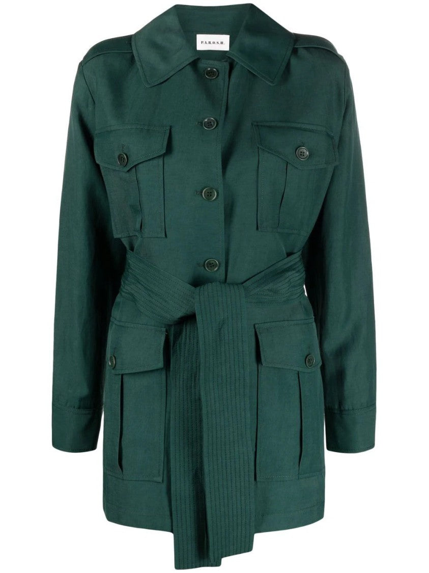 P.A.R.O.S.H. Green Sahariana Structured Defined Waist Viscose-Linen Blazer