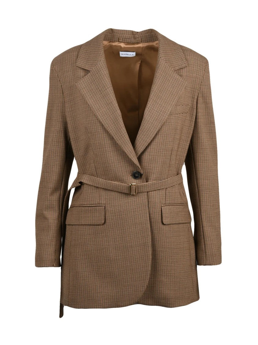 Marella Fitted Brown Wool Jacket With Subtle Checkered Pattern