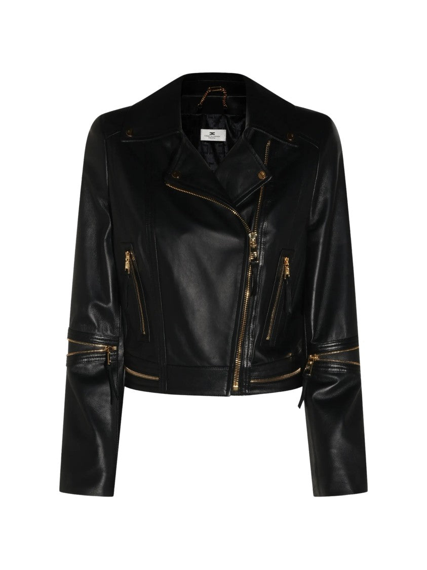Elisabetta Franchi Cropped Leather Jacket With Asymmetrical Closure And Gold-Tone Hardware