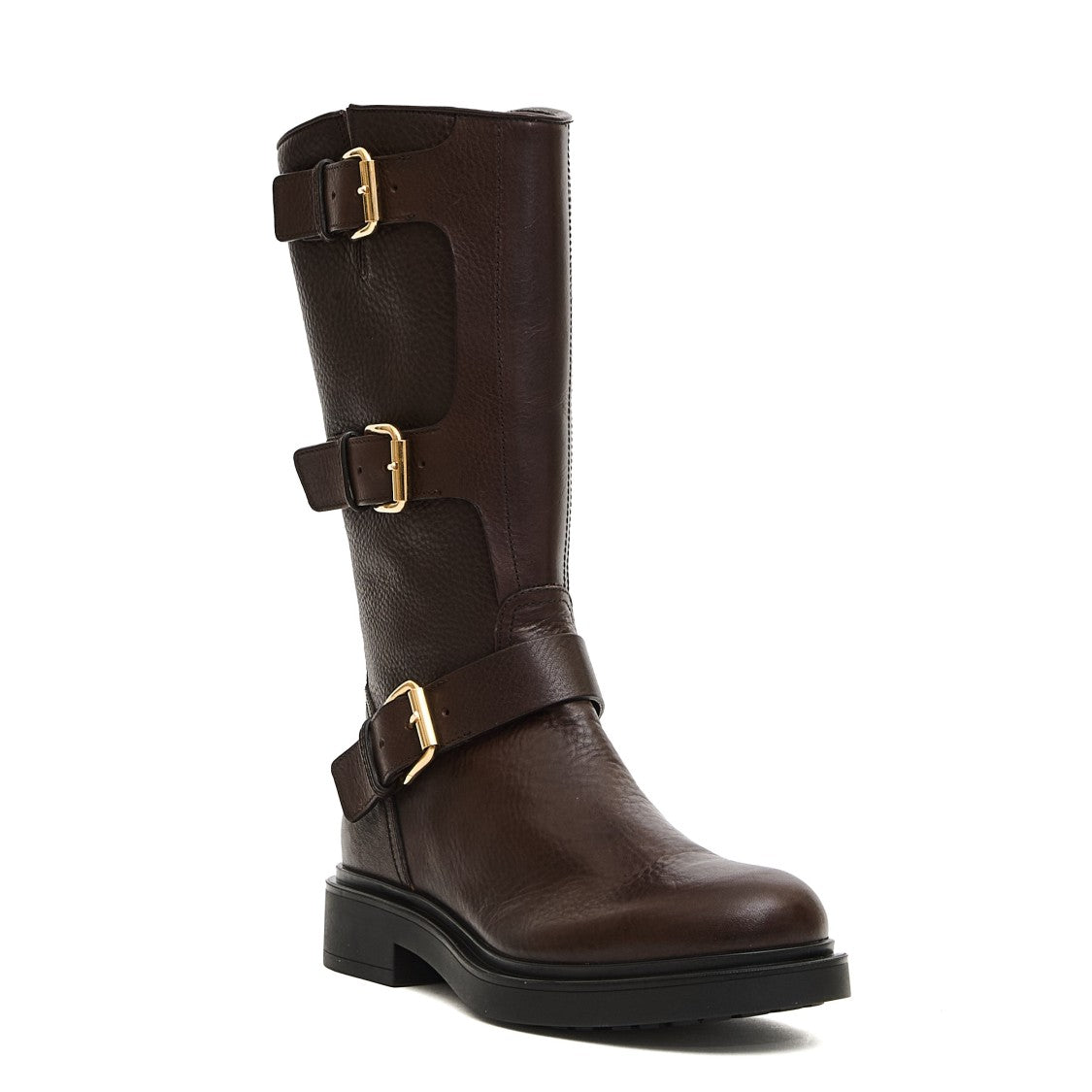 Agl Mid-Calf Leather Boots With Three Adjustable Buckles And Sturdy Sole