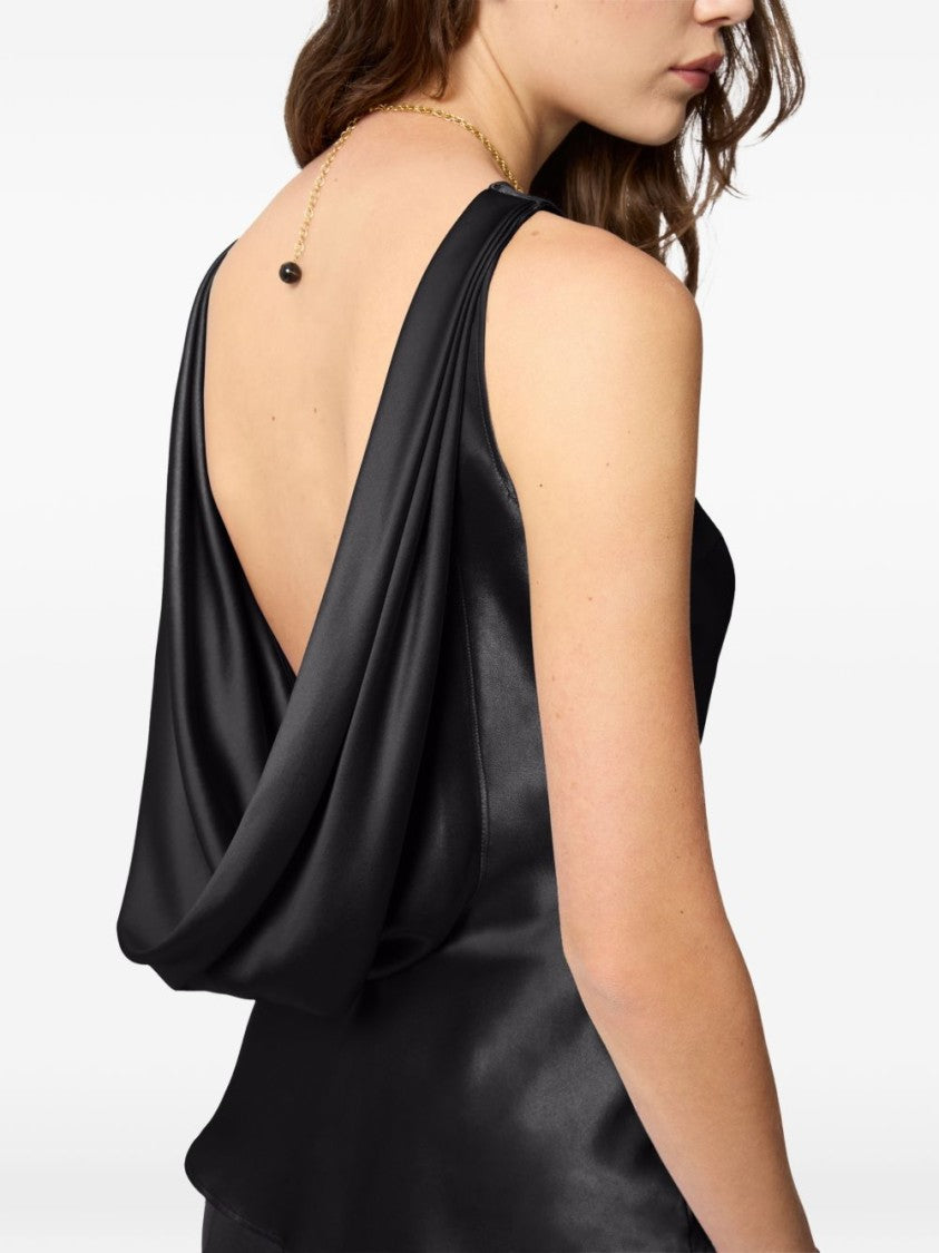 Nina Ricci Draped Black Satin Top With Boat Neckline