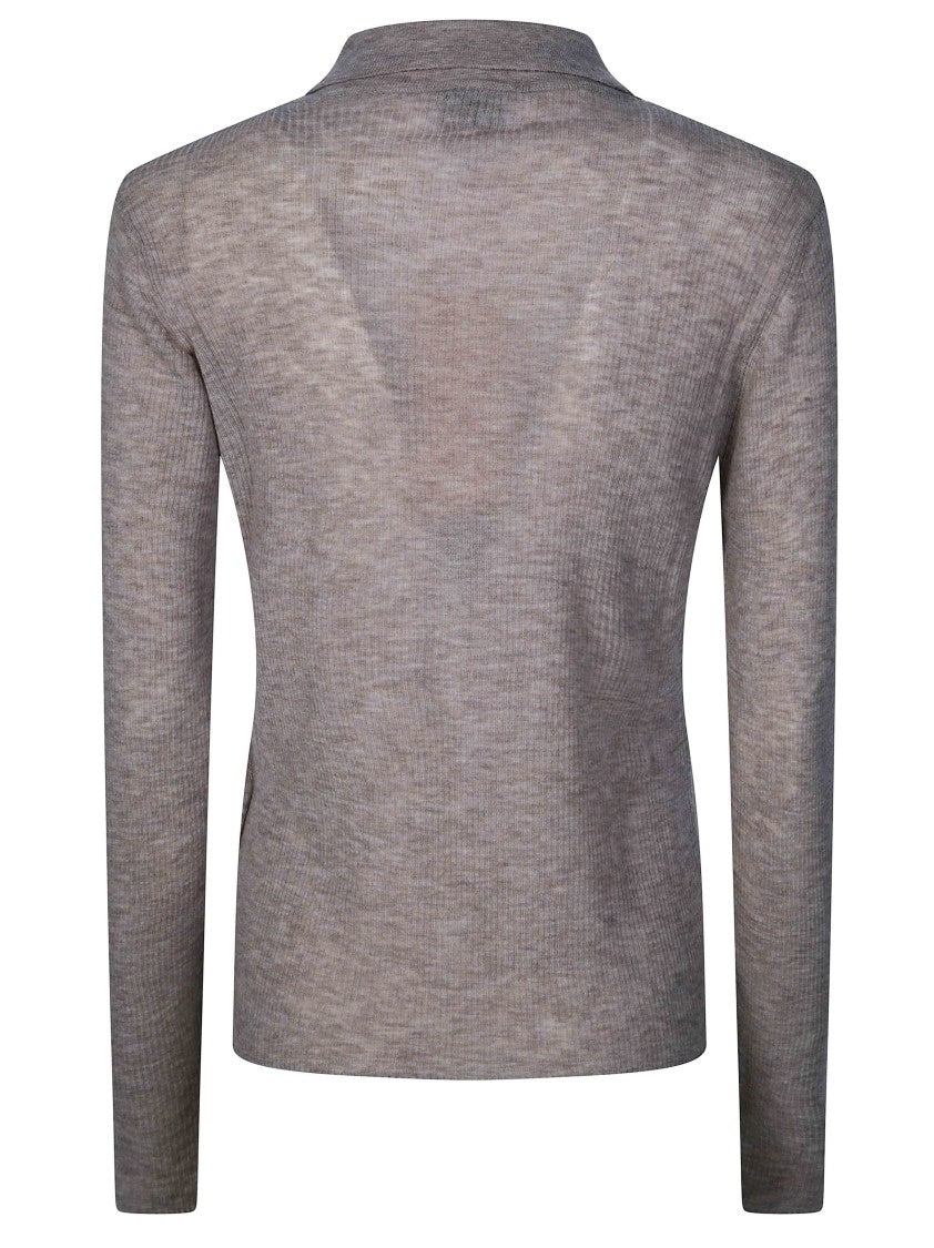 Ganni Sheer Ribbed Wool Gold-Button Polo Top