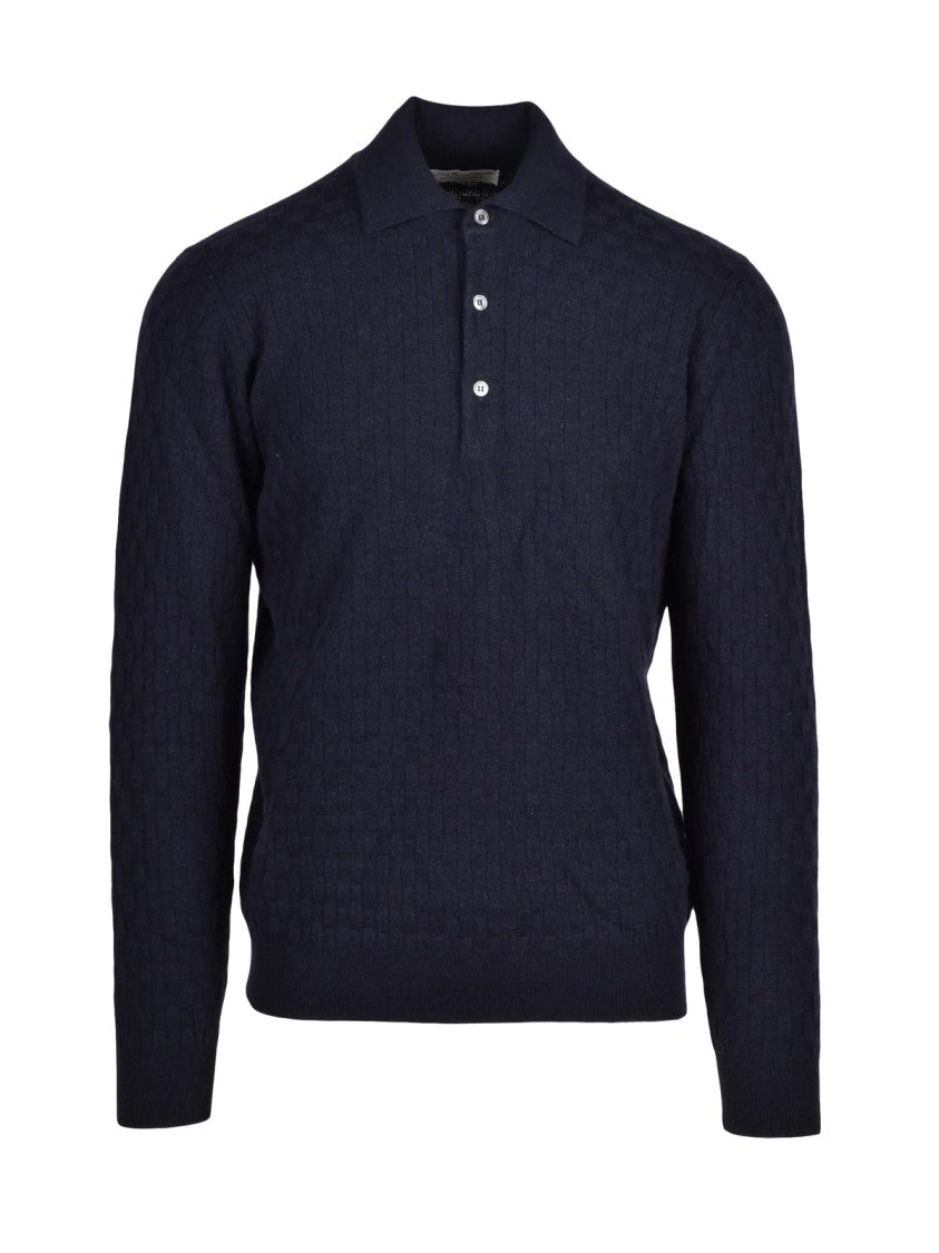Filippo De Laurentiis Midnight Blue Merino Wool-Blend Knit Polo Shirt