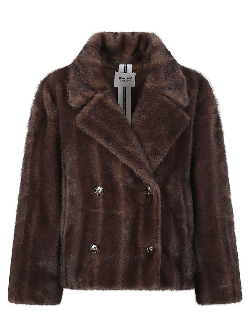 S.W.O.R.D 6.6.44 Cropped Metallic Button Plush Faux Fur Peacoat