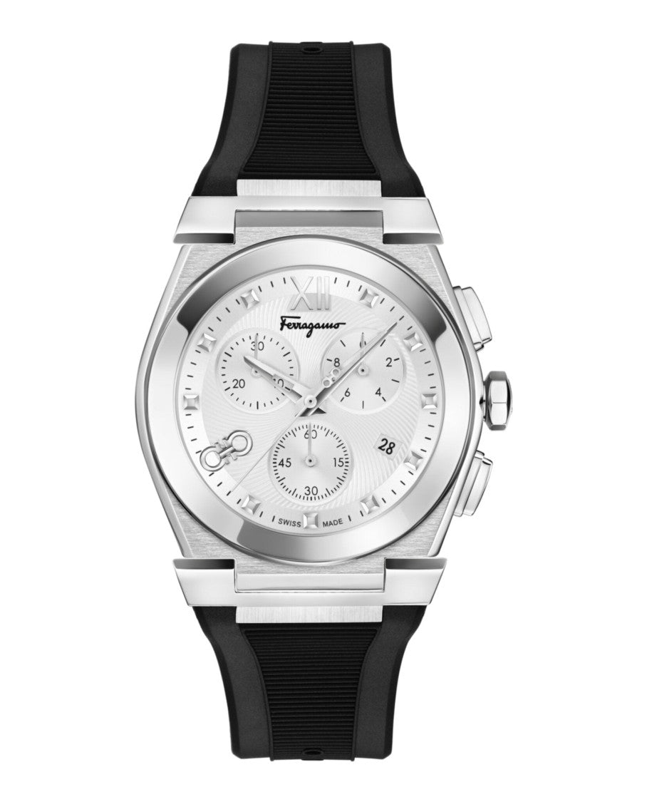 Ferragamo Vega Chrono Silicone Watch With Silver Guilloche Dial