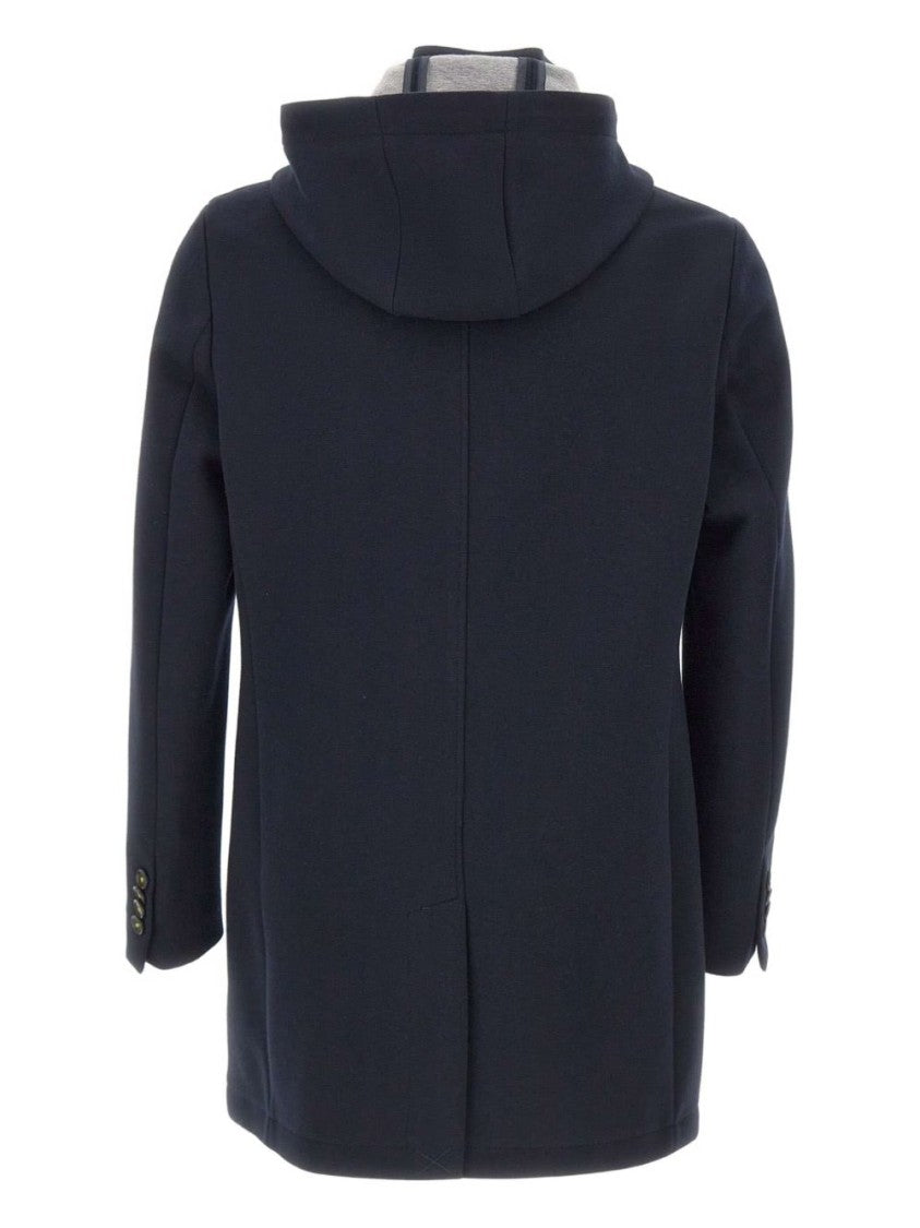 Manuel Ritz Navy Blue Wool Coat With Removable Bib And Adjustable Hood
