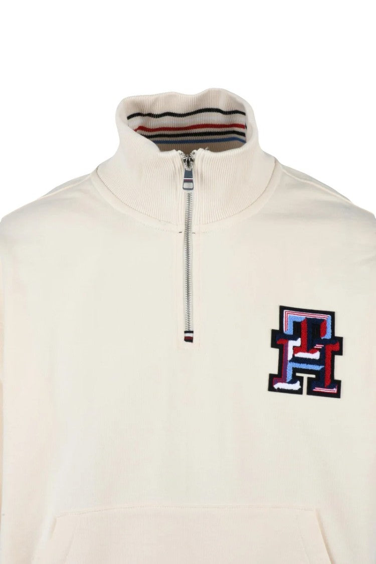 Tommy Hilfiger Cream Cotton Men Zip Neck Sweatshirt