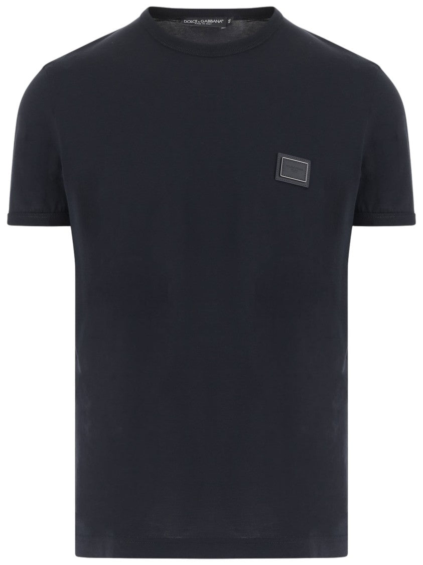 Dolce & Gabbana Navy Cotton T-Shirt With Subtle Tone-On-Tone Patch