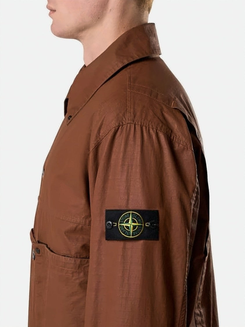Stone Island Boxy Brown Jacket With Classic Collar And Utility Pockets