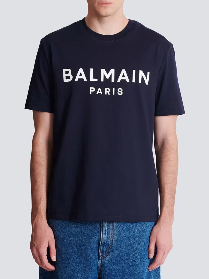 Balmain Navy Blue Cotton Printed T-Shirt