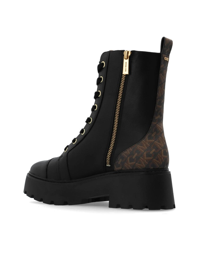 Michael Kors Lace-Up Black Leather Ankle Boots With Gold Accents