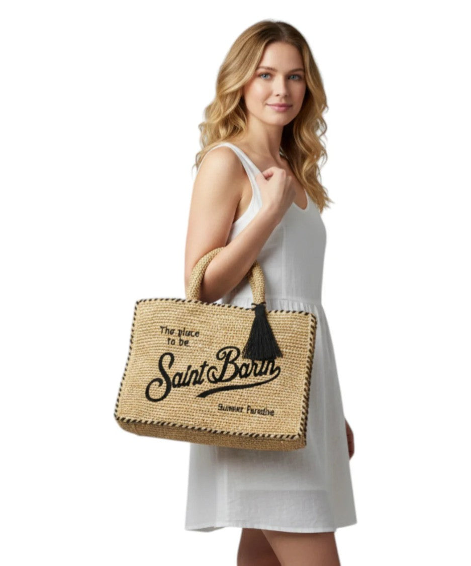 Mc2 Saint Barth Woven Tote Bag With Embroidered Text