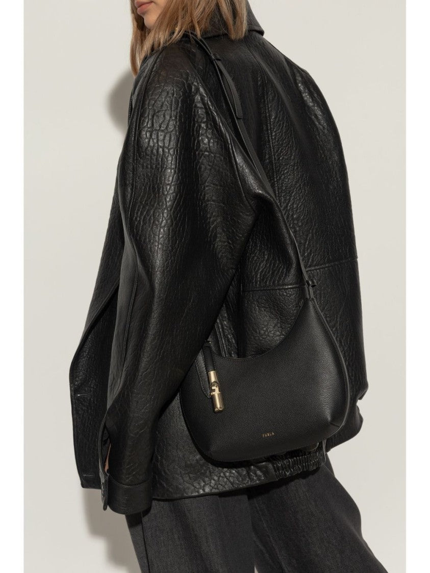Furla Curved Black Calf Leather Shoulder Bag