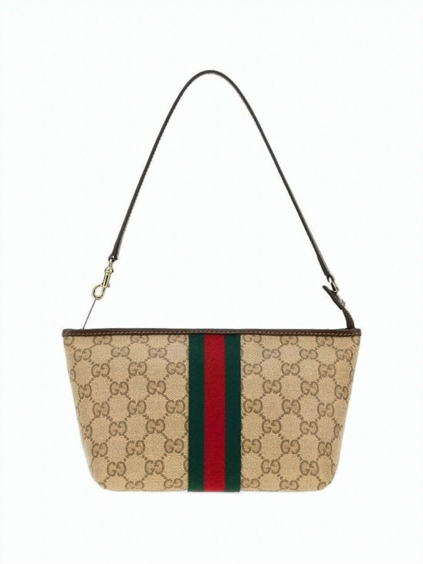 Gucci Canvas Clutch With Monogram Pattern And Striped Accent
