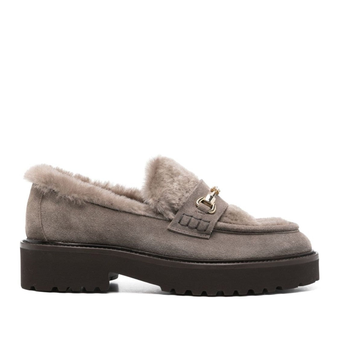 Doucal's Grey Plush Sheepskin Lining Flat Leather Loafers