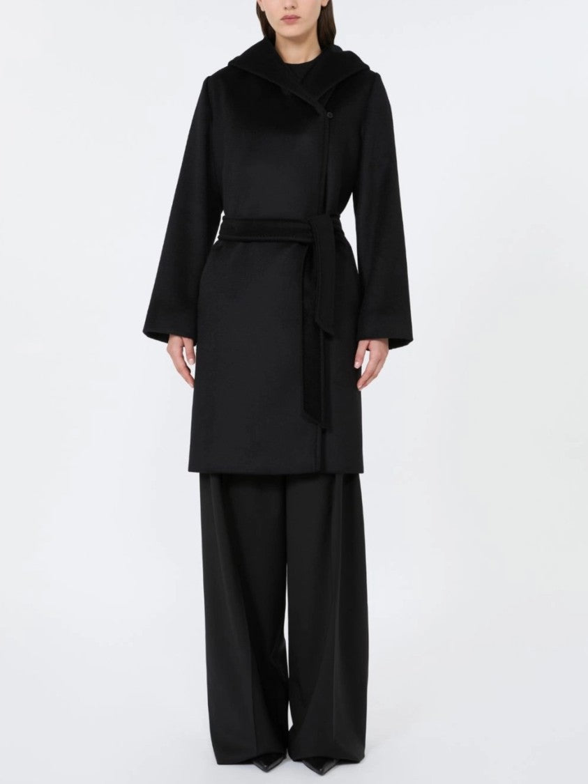 Max Mara Black Wool Wrap Coat With Self-Tie Detail