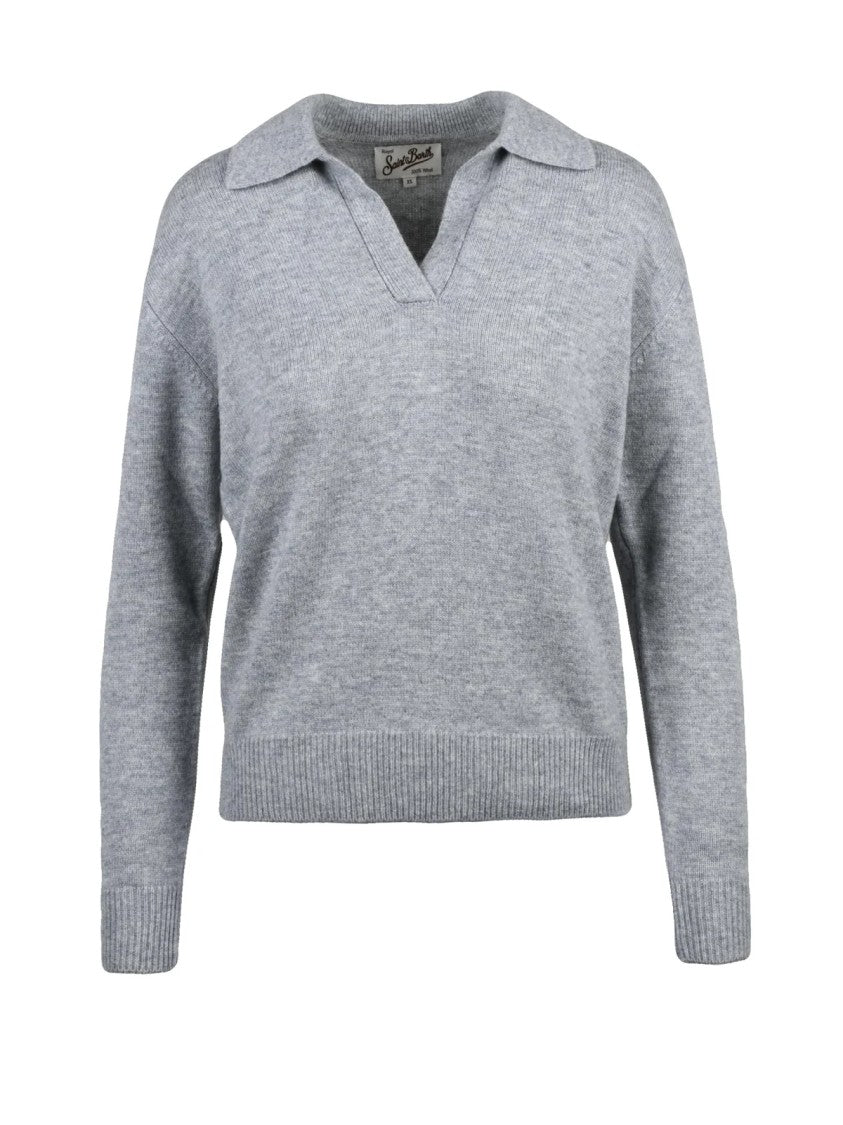 Mc2 Saint Barth Heathered Grey Knit Polo With Classic V-Neck And Ribbed Detailing