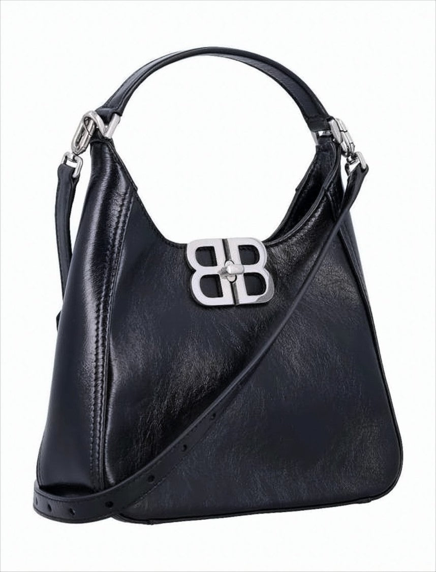 Balenciaga Structured Black Leather Tote Bag With Metallic Double-B Logo