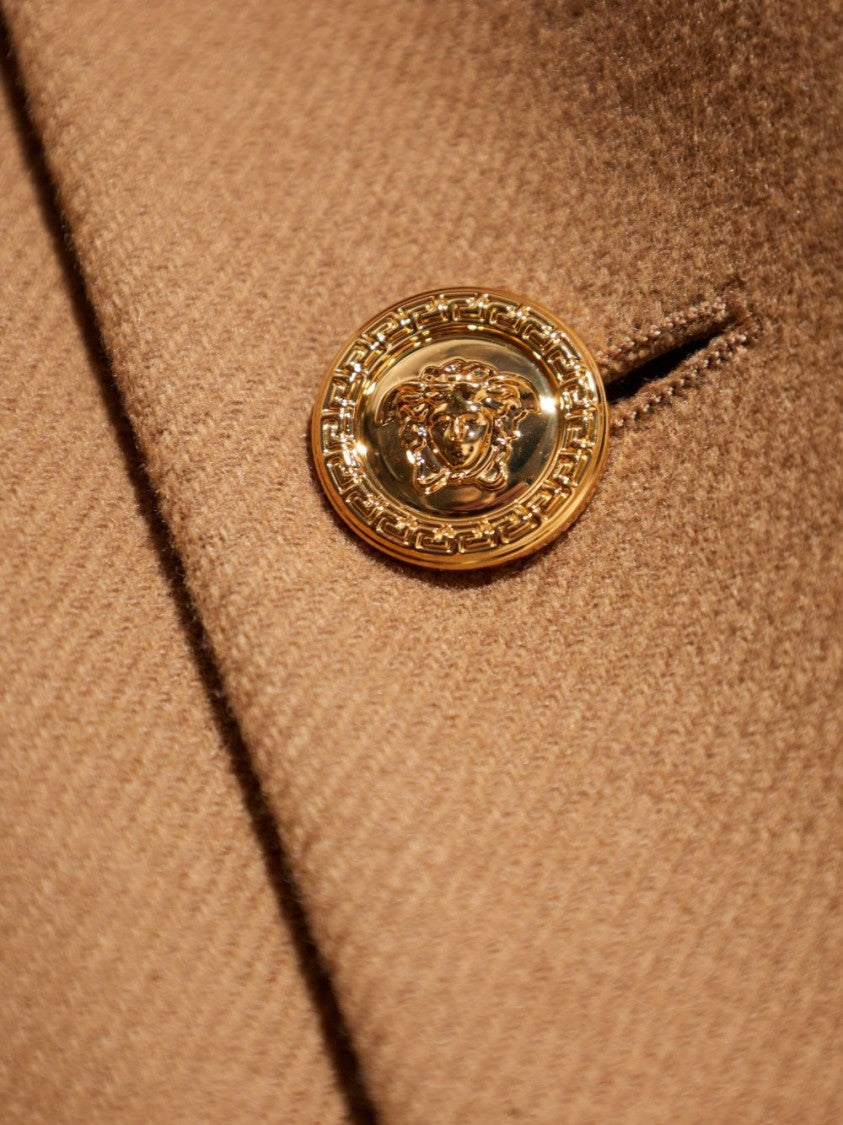 Versace Double-Breasted Beige Wool Blend Coat
