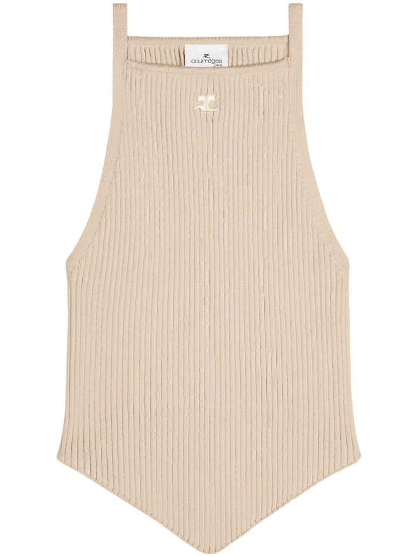 Courrèges Beige Ribbed Knit Asymmetric Square Top