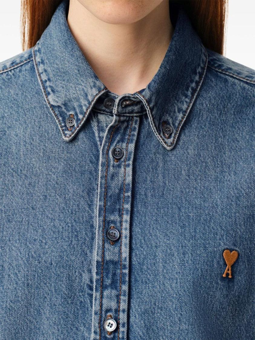 Ami Paris Button-Down Denim Shirt With Subtle Fading